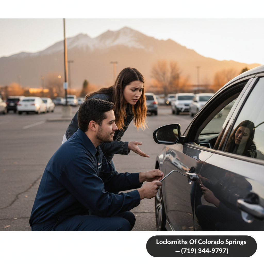 Driver locked out of a sedan beside a Colorado Springs parking lot