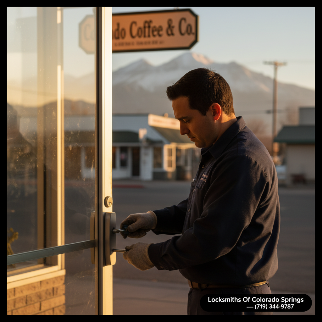Uniformed locksmith opening the glass front door of a Colorado Springs business