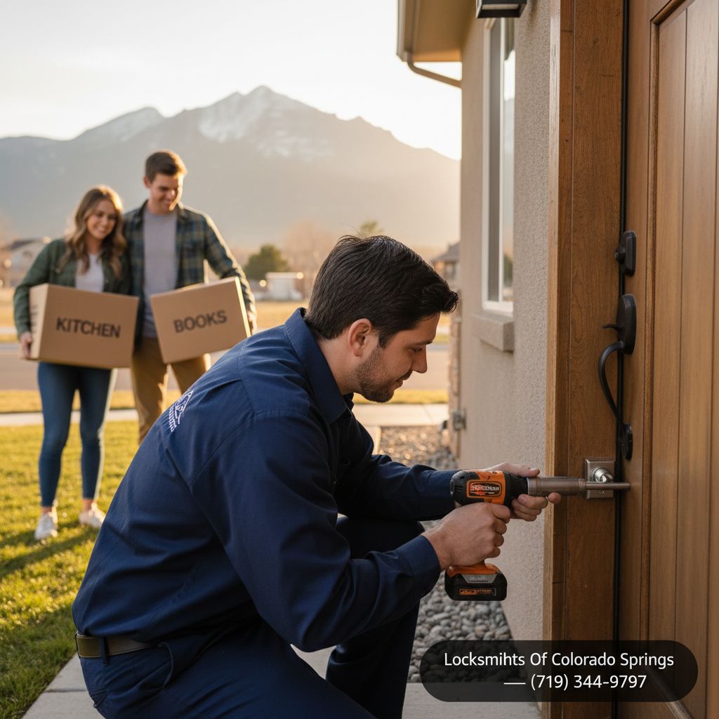 Young couple moving into a new Colorado Springs home while a locksmith installs a deadbolt