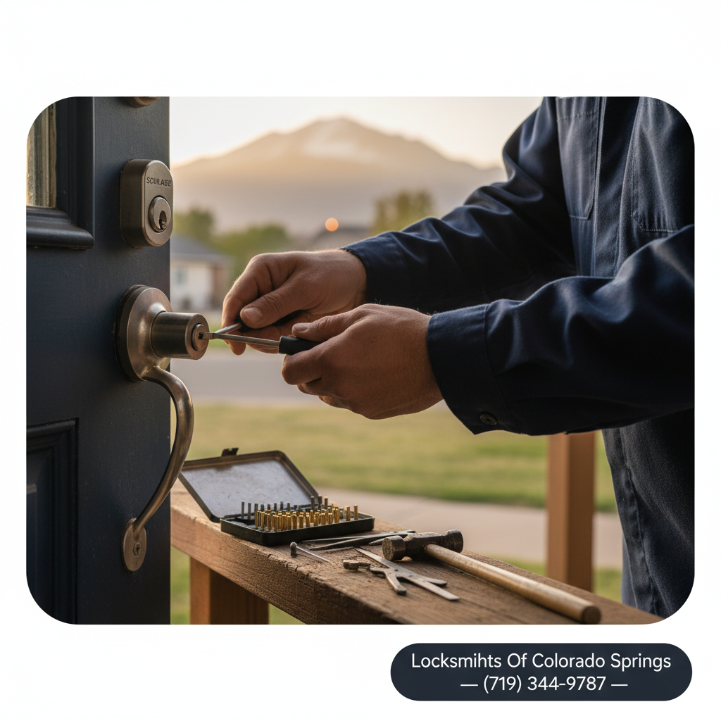 Locksmith rekeying a Schlage deadbolt on a Colorado Springs home door