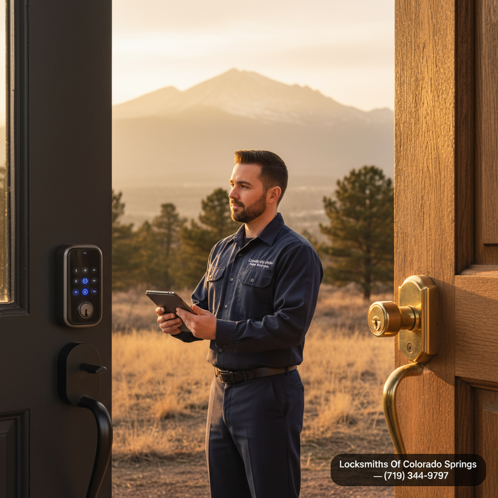 Split comparison of a smart lock and traditional deadbolt on two doors