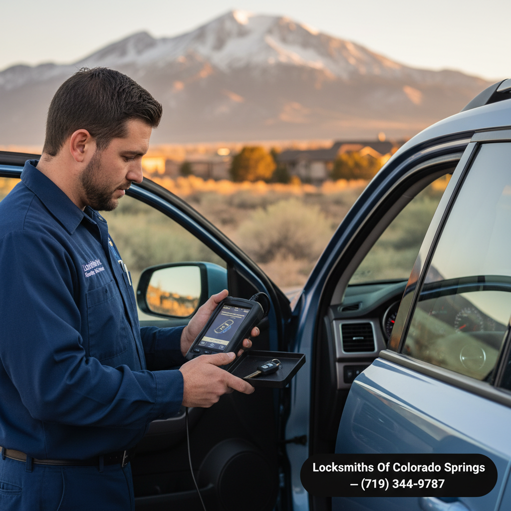 Locksmith programming a transponder car key using a diagnostic device